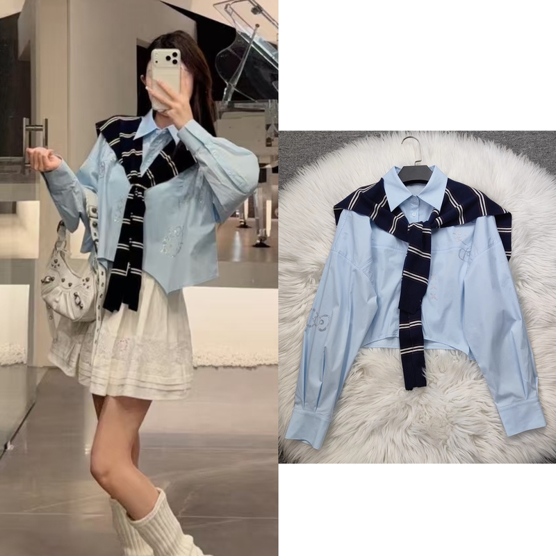 Academy-Style Striped Knit Shawl Long-Sleeve Shirt for Women, 2026 Spring New Cartoon Cat Rhinestone Loose Shirt