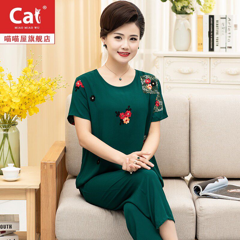 Middle-aged mother pajamas summer cotton short sleeve thin plus code middle-aged mother-in-law silk home clothing summer
