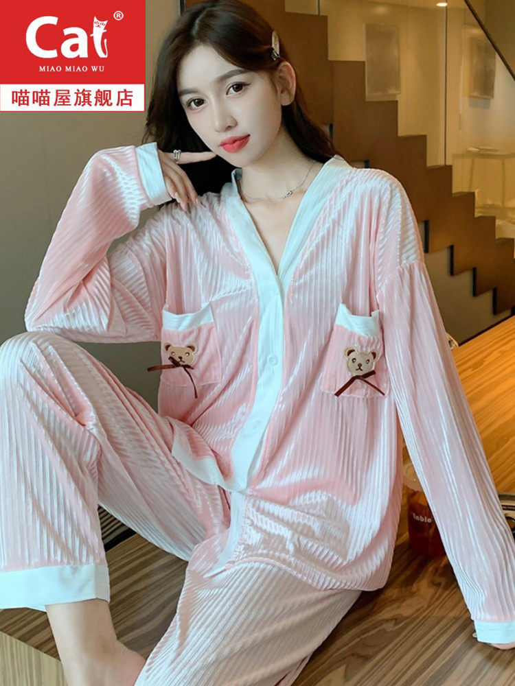 2022 New Ins Wind Fashion Pyjamas Women Spring Autumn Season Gold Velvet V Collar Winter Casual Home Clothing Two Sets