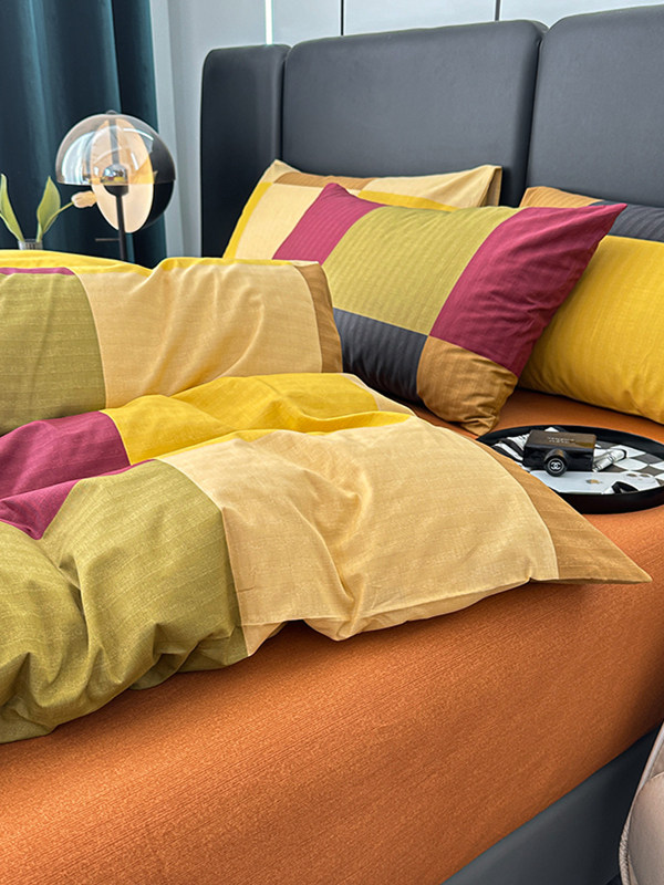 Internet-Famous All-Cotton Four-Piece Set, Pure Cotton Bedding, Bed Sheet, Nordic Simple Plaid, Light Luxury Duvet Cover, Fitted Sheet, Three-Piece Set