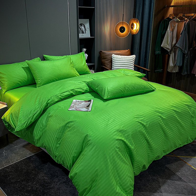 New Five-Star Hotel Four-Piece Set, All-Cotton Guesthouse Satin Green Hotel Bedding, Pure Cotton Bed Sheet and Duvet Cover
