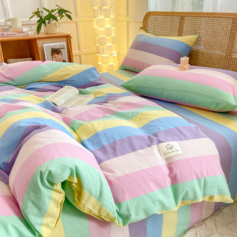 Class a Japanese-Style Full Cotton Yarn-Dyed Washed Cotton Bedding Four-Piece Set Pure Cotton Student Dormitory Duvet Cover Single Bed Three-Four-Piece Set