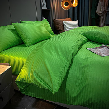 New Five-Star Hotel Four-Piece Set, All-Cotton Guesthouse Satin Green Hotel Bedding, Pure Cotton Bed Sheet and Duvet Cover
