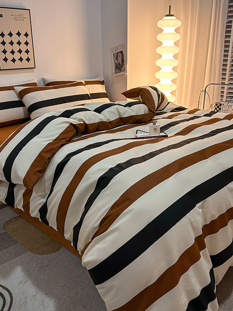 Striped Cotton Four-Piece Set Pure Cotton Bedding Autumn and Winter Bed Sheet Nordic Simple Duvet Cover 1.8 Fitted Sheet Three-Four Piece Set