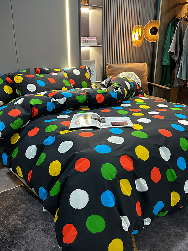 100% Cotton Four-Piece Bedding Set, Pure Cotton Bed Sheet with Large Polka Dots, Nordic Simple Duvet Cover, 1.8m Bed Fitted Sheet, Three or Four-Piece Set