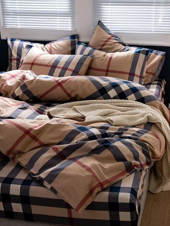 Internet-Famous All-Cotton Four-Piece Set, Pure Cotton Bedding, Bed Sheet, Nordic Simple Plaid, Light Luxury Duvet Cover, Fitted Sheet, Three-Piece Set