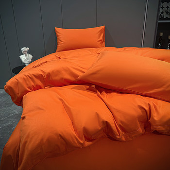 Pure Cotton Four-Piece Bedding Set, Solid Color Orange, Simple Style, 100% Cotton Duvet Cover, 1.8m Fitted Sheet, Three or Four-Piece Set
