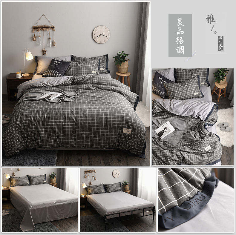 Nordic bông denim doanh nghiệp giường ngủ bông vải quilt beo sọc 1.51.8m kẻ sọc giường ba mảnh 4 - Bộ đồ giường bốn mảnh chăn ga gối đệm màu hồng