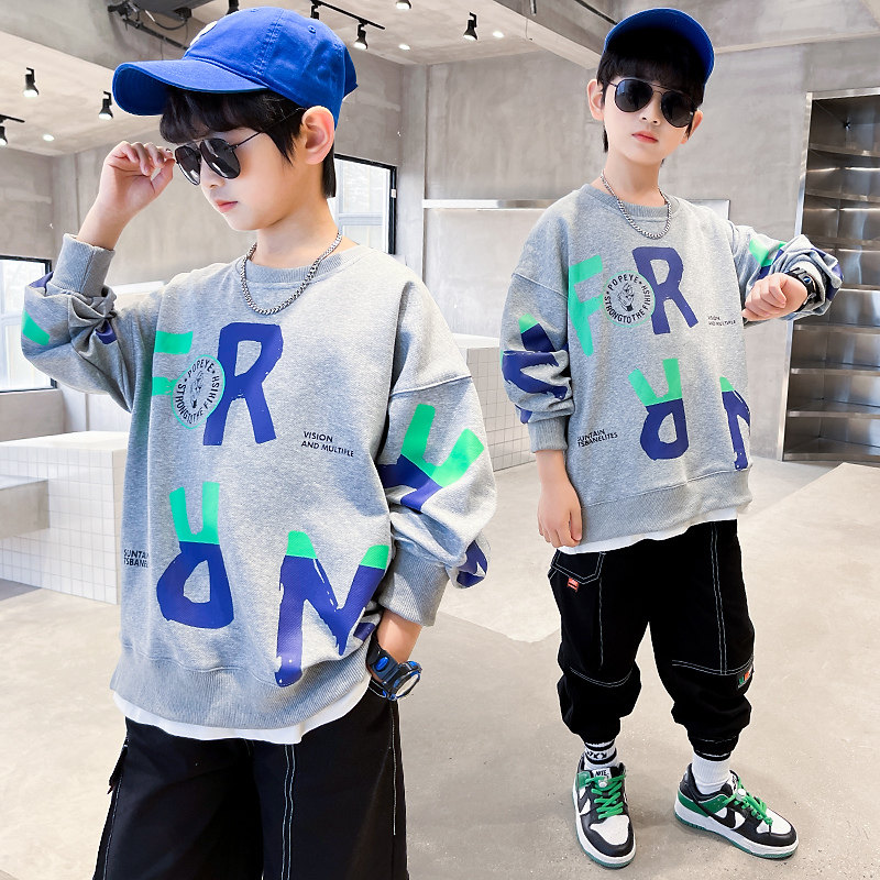 Boy necropolis for spring clothing 2022 new CUHK children's spring and autumn season boy handsome and casual round neckline Fried Street Korean version of the tide