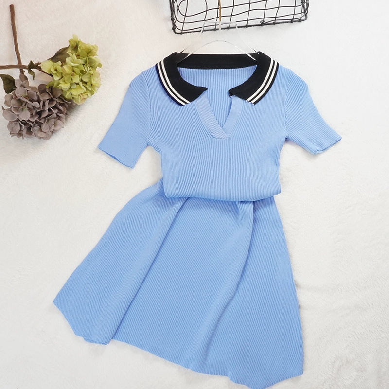 Mùa hè 2018 phiên bản mới của Hàn Quốc của cổ áo POLO cổ áo đan eo một từ váy ngắn nữ retro tay ngắn váy thủy triều