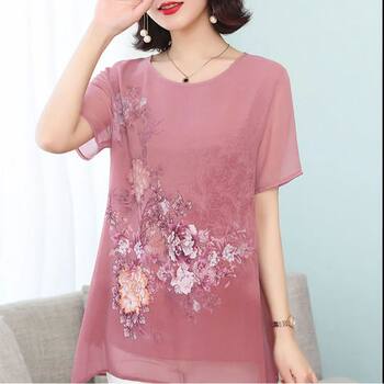 ເສື້ອຢືດ chiffon ພິມອອກໃຫມ່ຂອງແມ່ຍິງໃນຊ່ວງລຶະເບິ່ງຮ້ອນທີ່ມີແຂນສັ້ນຂອງແມ່ໃນລະດູຮ້ອນໃສ່ກາງຂອງແມ່ຍິງ.