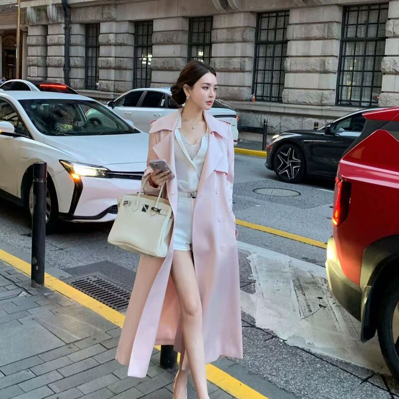 Pink Korean Style Double-Breasted New Trench Coat for This Year, Elegant Jacket, 2025 British High-End Trendy Overcoat