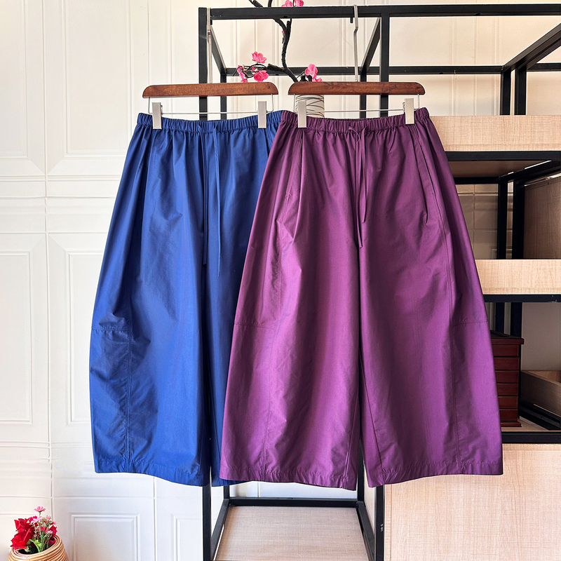 Yjyomf Early Autumn Pima Cotton Loose Colorful Cropped Pants Elastic Waist Three-Dimensional Cut Stylish Wide-Leg Pants