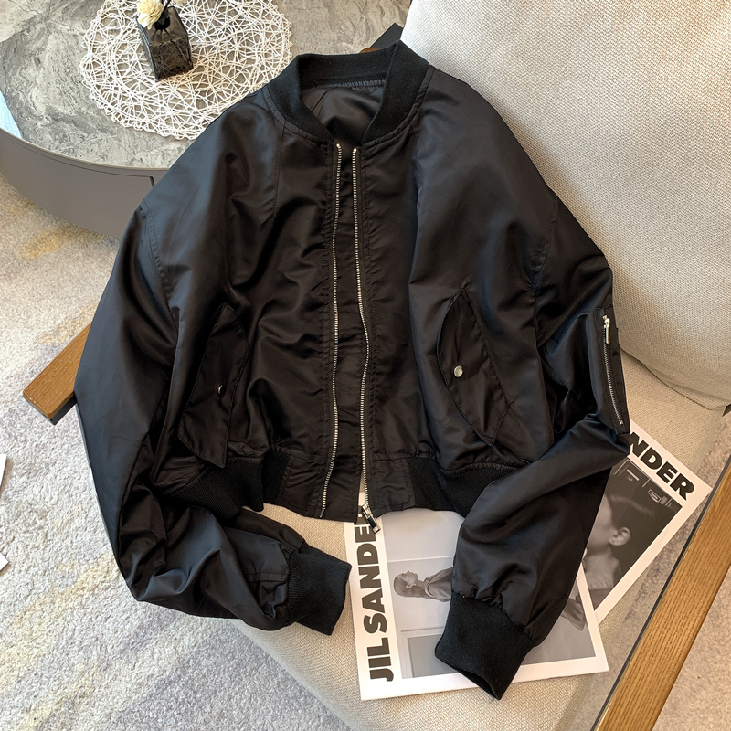 White Vintage Zipper Flight Jacket for Women, Korean Baseball Jacket, Black Stand Collar, Fashionable Spring 2025 Top