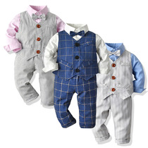 Foreign trade baby suit long sleeve white shirt little dress blue plaid gentleman set 70 little boy dress
