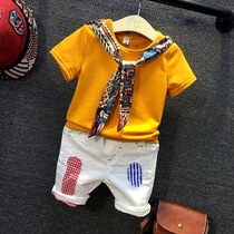 Boys and boys flower tie T-shirt tide childrens clothing yellow short sleeve T-shirt 2018 new casual pants