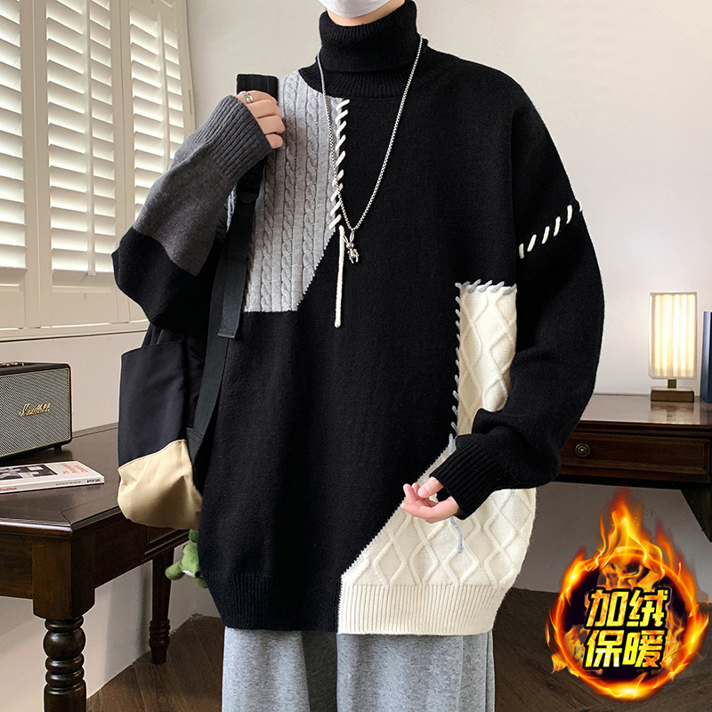 Turtleneck Sweater for Male Students, New Korean Style for Autumn and Winter, Loose and Casual, Long-Neck Base Shirt with Fleece Lining and Thickened