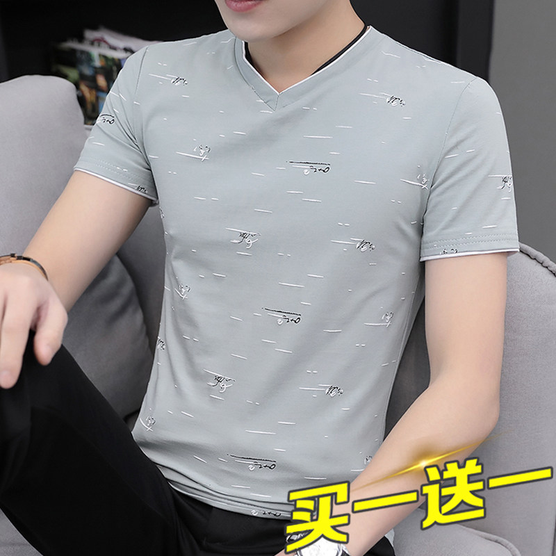 Ice Sensation Short Sleeve T-shirt Men V Collar Trendy Pure Cotton T-shirt Dress Fashion Summer Dress 2021 New Ice-Wire Half Sleeves