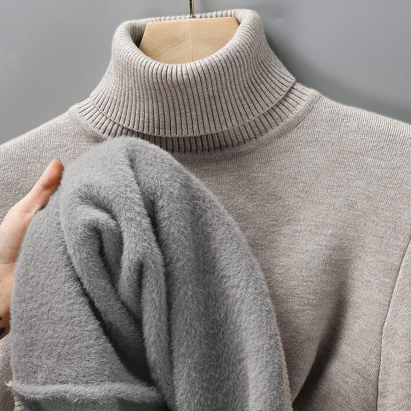 New Winter Solid Color Sweater with Fleece Lining, Thickened, Convertible Turtleneck, Slim-Fit Knitwear, Men's Long-Neck Base Layer Shirt