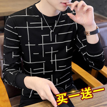 Autumn T-shirt men long sleeve 2019 new spring autumn Plaid round neck Tide brand base shirt slim clothes men