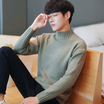 Autumn and winter loose thick knitted sweater Harajuku wind trend half turtleneck sweater men slim long sleeve Korean base shirt