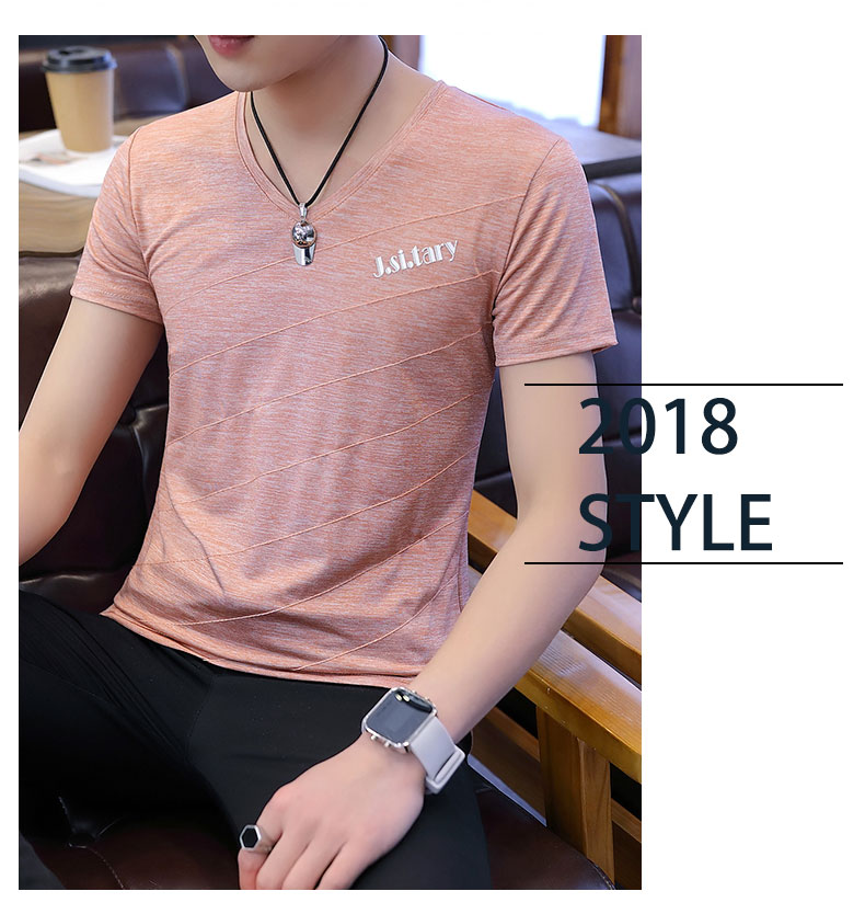 Mùa hè 2018 phiên bản mới của Hàn Quốc áo thun lụa nam ngắn tay Áo thun cổ chữ V nửa tay áo sinh viên xu hướng hoang dã áo thun pierre cardin