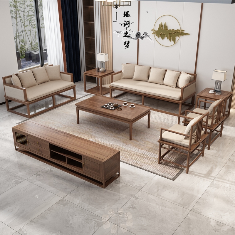 New Chinese style solid wood sofa combination modern Zen fabric sofa hotel club homestay walnut furniture customization