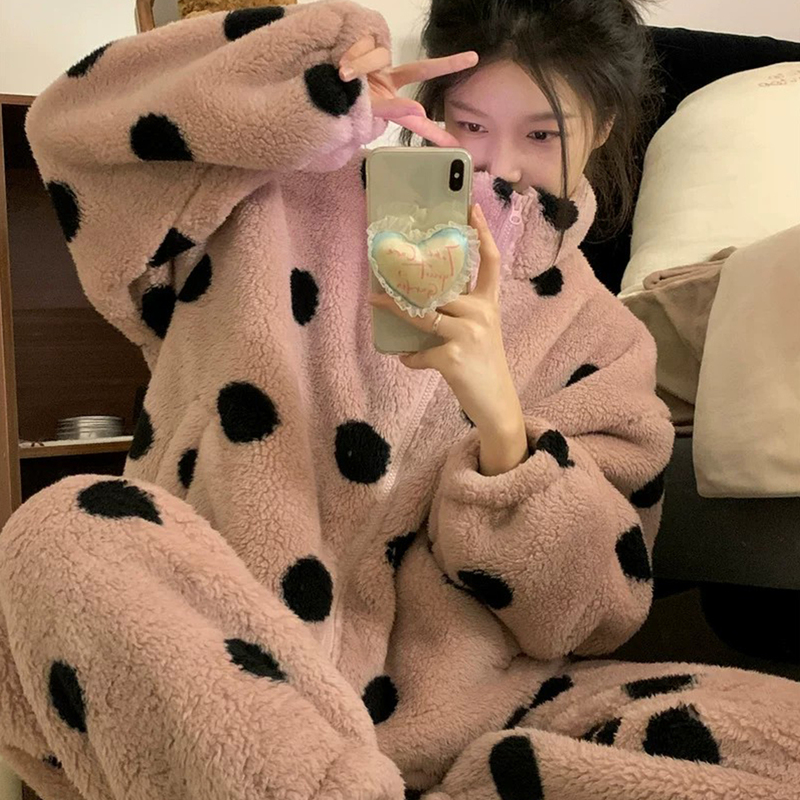Coral Velvet Pajamas for Women, Autumn and Winter New Style, High Collar, Polka Dots, Thickened, Fleece-Lined, Zippered, Casual Loungewear, Warm Set