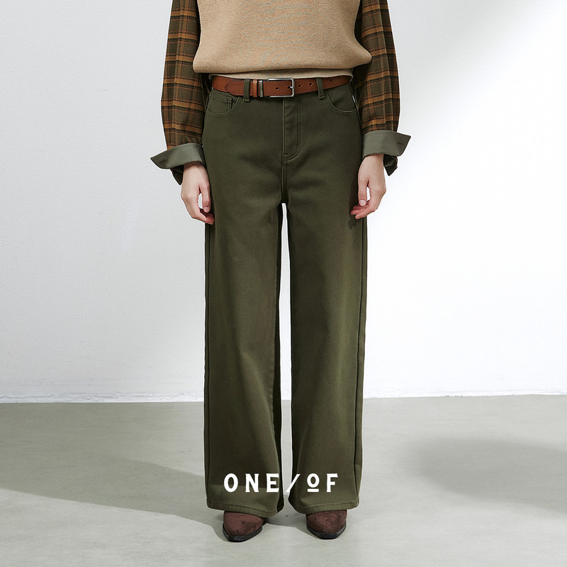 Oor One of a Kind Straight-Leg Thin Fleece High-Waisted Straight Pants Washed Vintage Army Green Slim-Fit Casual Pants for Women Autumn/Winter 4025