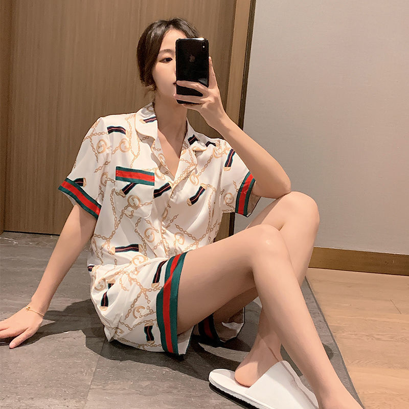 Silky pajamas summer 2022 new large - size loose short - sleeve thin sexy silk home suit two pieces