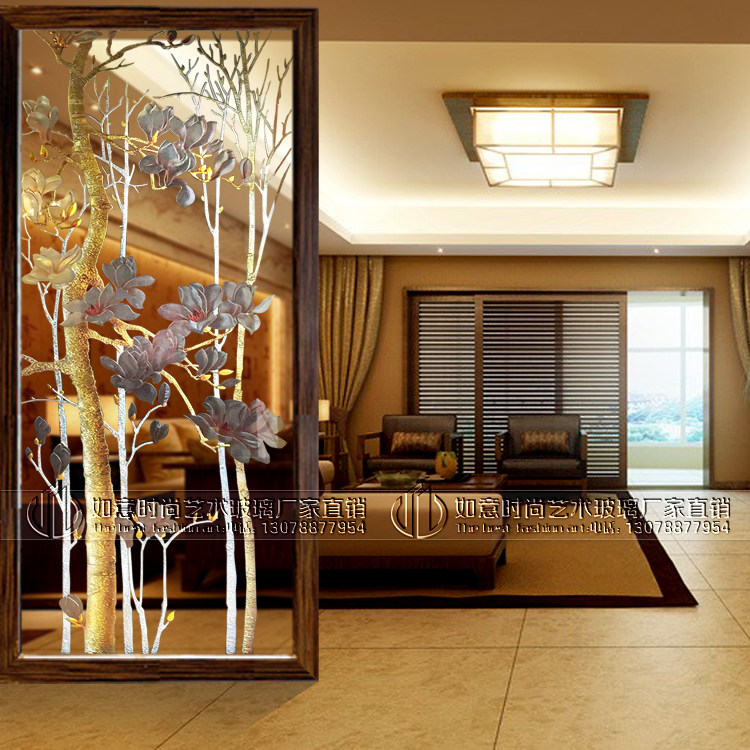 Transparent art glass screen living room compartment entrance aisle background wall carved tempered craft Jade wind