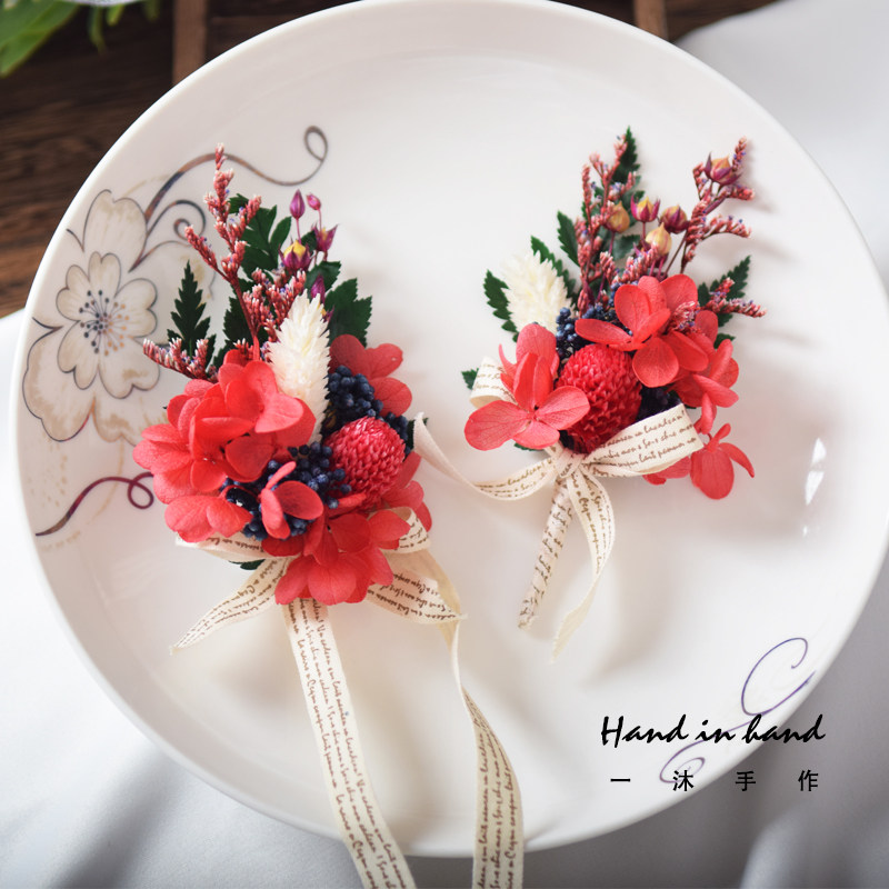 Senteo red pink Yongsheng flowers dried flower chest flower groom groom bride wedding brooch Korean style bridegroom Chest Flowers Genuine Flowers