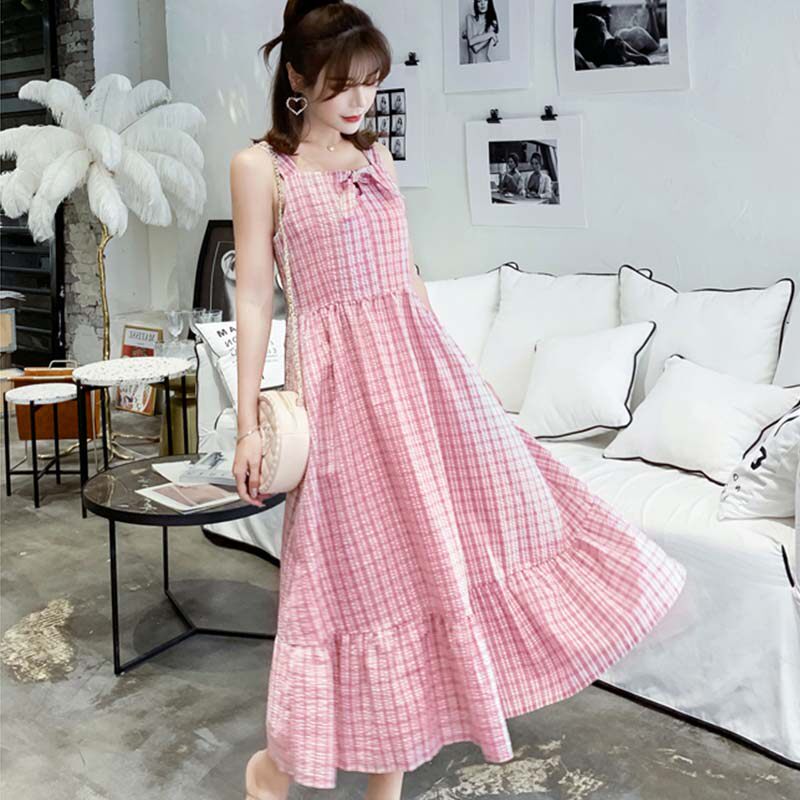 Summer maternity dress 2021 summer new tank top suspender dress loose plaid maternity midi skirt