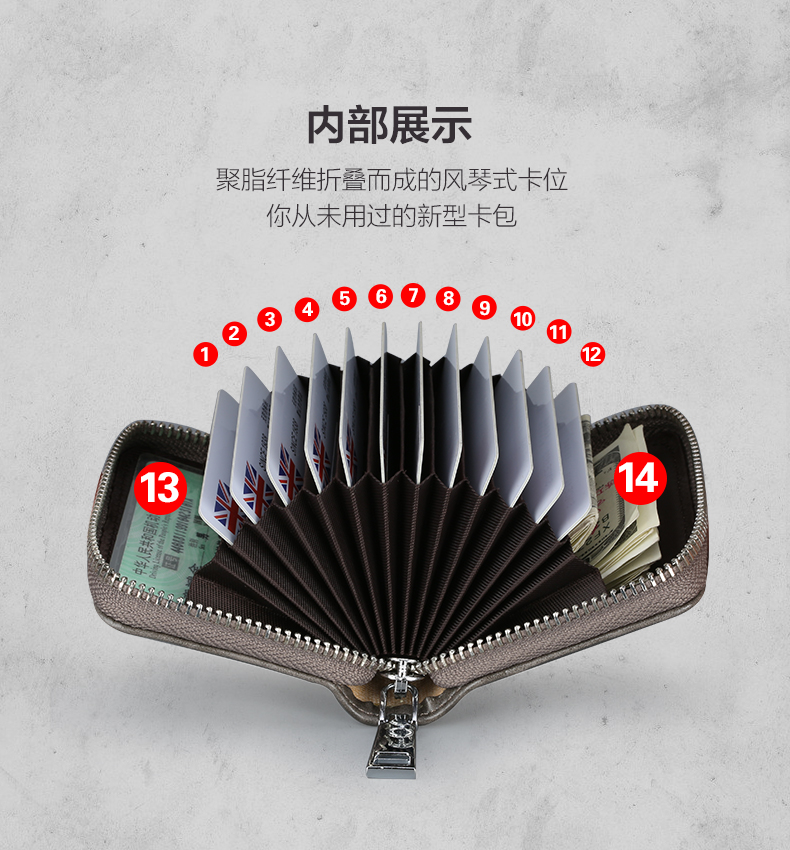 Gói thẻ nam dung lượng lớn đa thẻ khóa kéo cơ quan chống trộm bàn chải siêu mỏng giữ thẻ tài liệu ngân hàng Bộ thẻ NFC ví da nữ