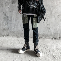 High Street overwear black jeans thickened winter multi-pocket stitching Tide brand slim feet casual jeans men