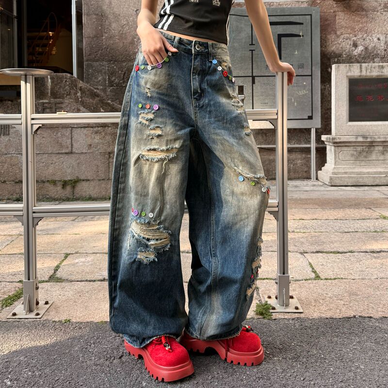 Sjy888 Hong Kong High-End Street Style Ripped Jeans for Men and Women, Loose Straight-Leg Blue Washed Scimitar Pants, Trendy Brand