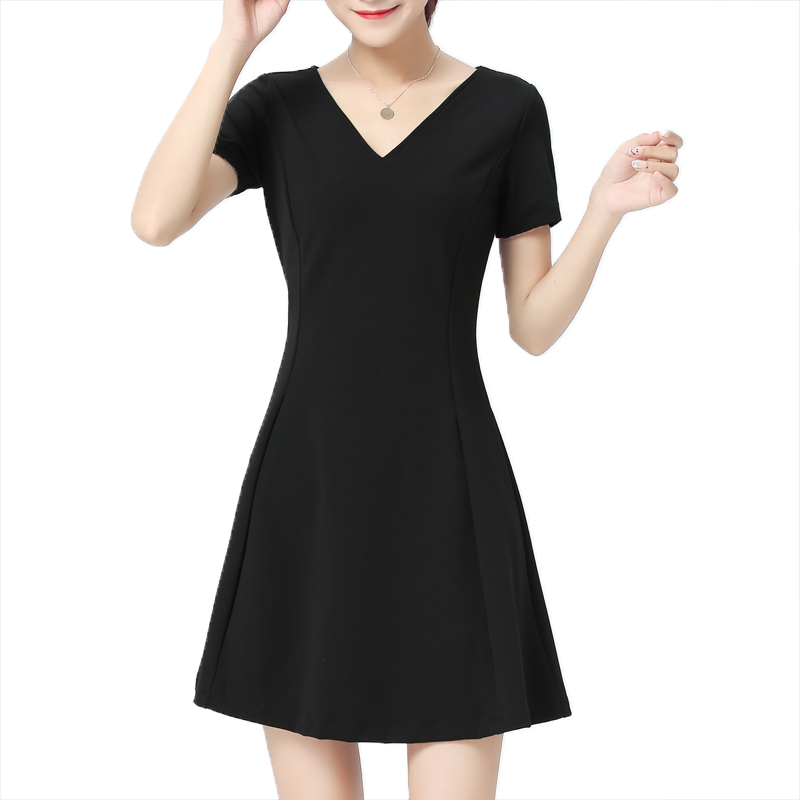 2019 phụ nữ mới xuân hè hè Đầm đen cổ chữ V Đầm đen thắt eo một chữ là váy ngắn tay màu đen mỏng - Váy eo cao váy maxi eo thun	