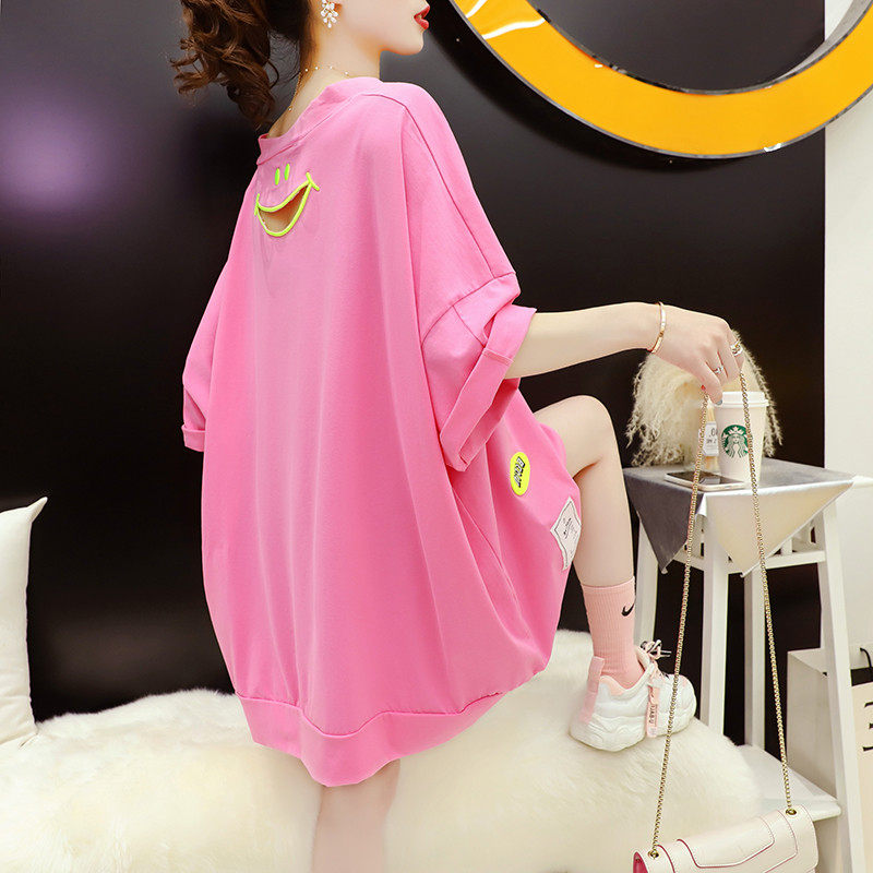 Personality short sleeve T-shirt dress female summer large size medium long version Korean version loose care machine sexy dew back display slim ocean dress