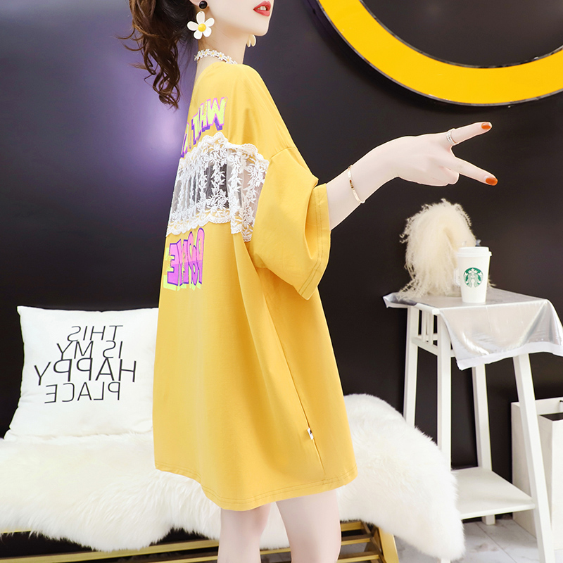 Lace Splicing Short Sleeve T-shirt Dress Woman Fat Mm Summer Large Size Mid-Length Plate Loose Back Display Slim Hollowed-out Ocean Dress