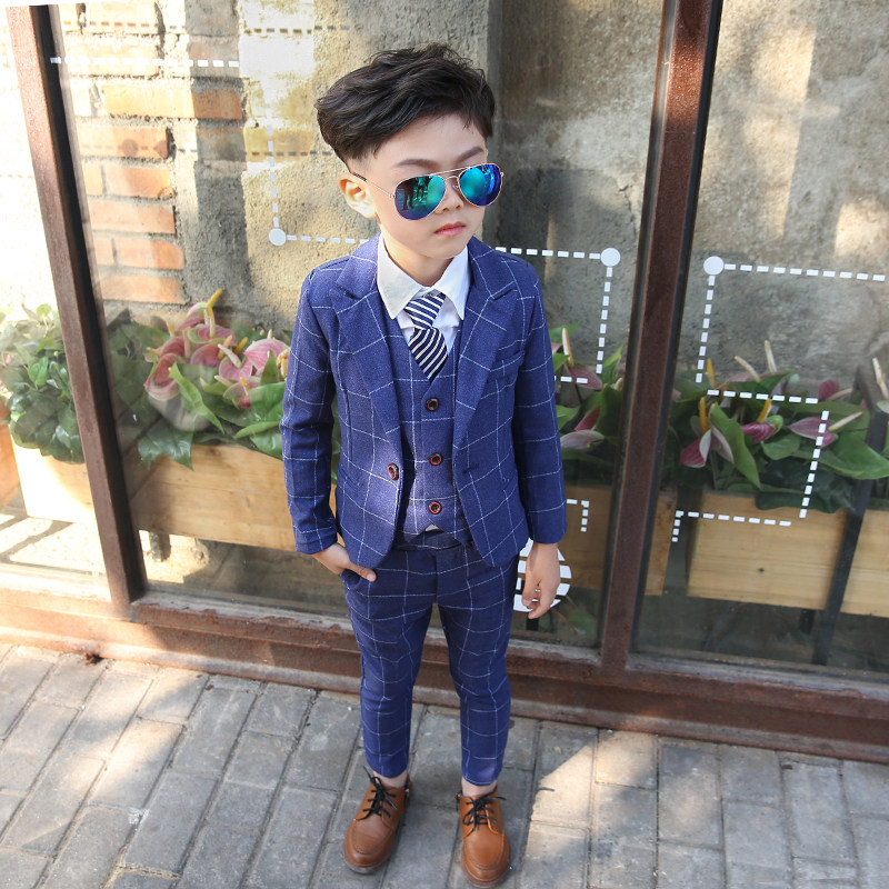 Children's suit suit boy baby small suit plaid handsome model flower girl dress host boy formal dress