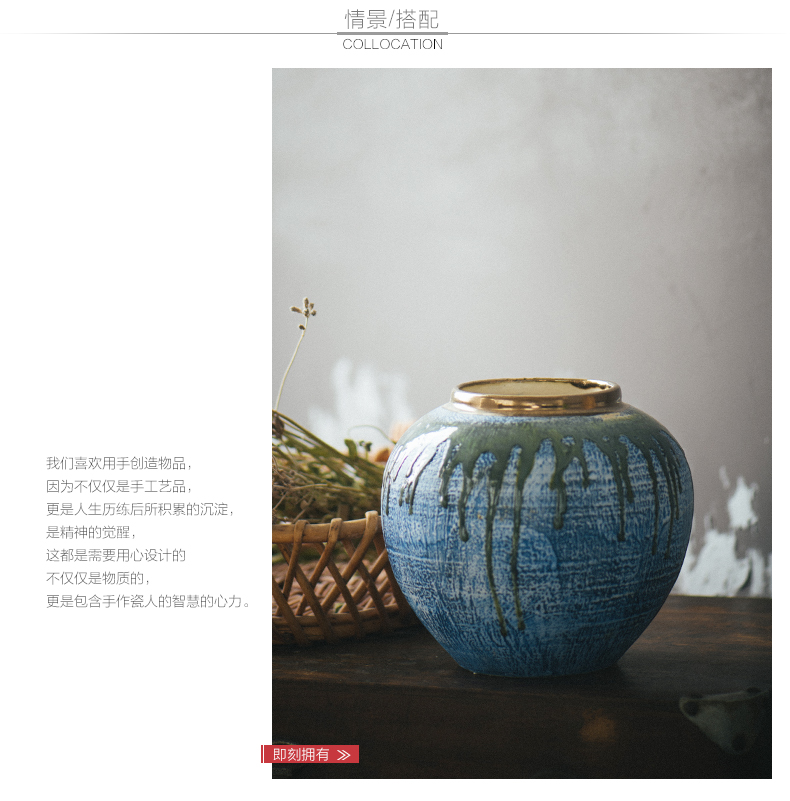 Jingdezhen ceramic dry flower vases, flower arrangement sitting room coarse pottery retro earthenware jar flower art porch is decorated pottery furnishing articles