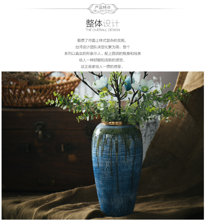 Jingdezhen ceramic dry flower vases, flower arrangement sitting room coarse pottery retro earthenware jar flower art porch is decorated pottery furnishing articles