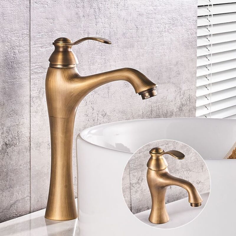 European-Style All-Copper Faucet, Antique Washbasin Faucet, All-Copper Heightened Hot and Cold Retro Countertop Art Basin Faucet