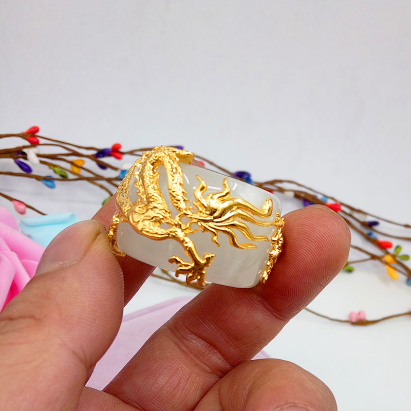 Độc đoán opal kéo ngón tay nam mạ vàng ngọc bích ngón tay cái nhẫn cát vàng mô phỏng đĩa rồng thời gian dài không phai nhẫn đôi