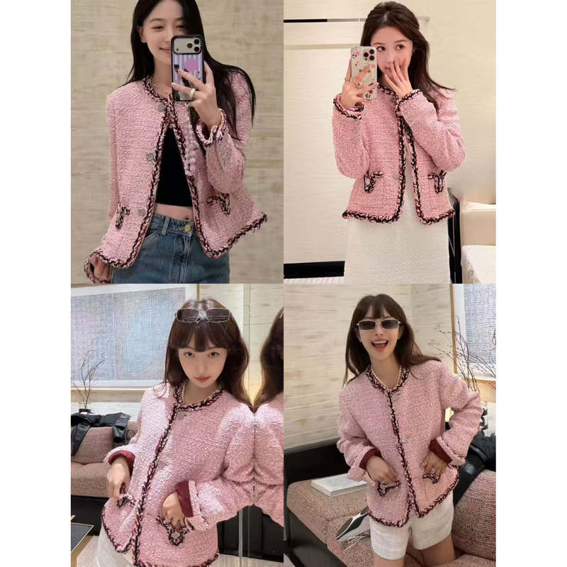 2026 Early Autumn Color-Block Socialite Style Handmade Pink Tweed Age-Reducing Slimming Jacket for Women