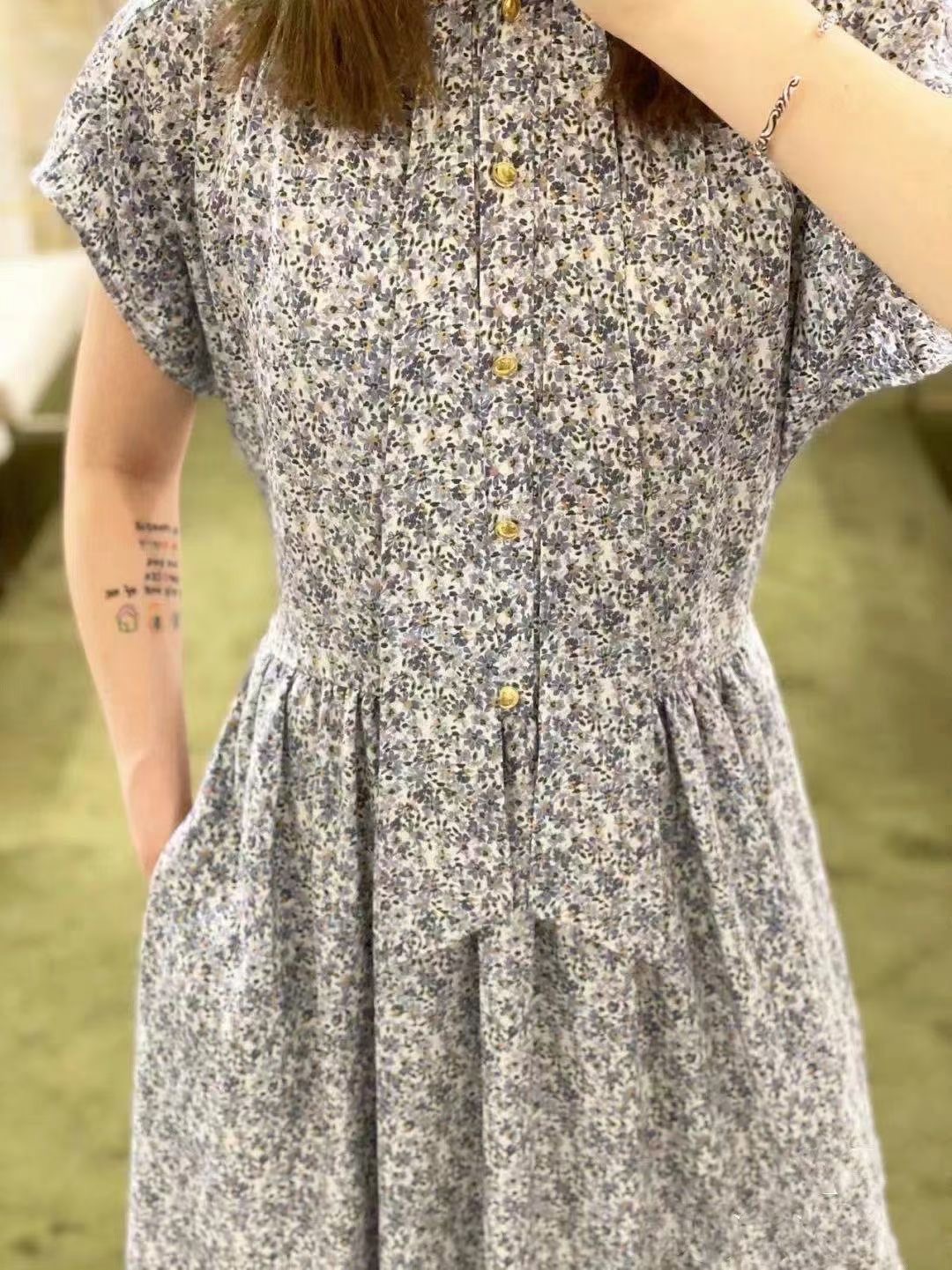 Picture Color (Priority For Collection And Purchase)Celi * e2021 Spring and summer real silk Dress Retro Close your waist Cap sleeve mulberry silk Countryside Floral  Medium length skirt female
