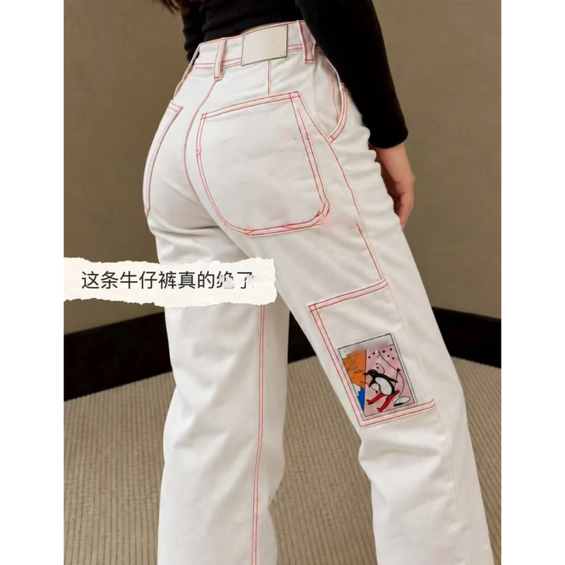 2026 Autumn/Winter Color-Blocked White Comic-Style Jeans That Make Legs Look Longer and Slimmer, Denim Cargo Pants with Pockets, Versatile Straight-Leg Pants