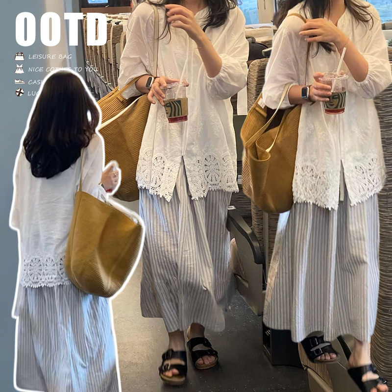 Maternity Skirt Suit Summer White Lace Top Striped Skirt Loose Slimming Shirt Two-Piece Set for Women