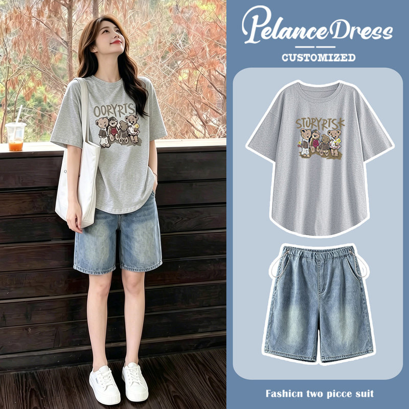 Maternity T-Shirt Short-Sleeved Top + Denim Shorts Korean Style Cartoon Print T-Shirt Summer Loose Age-Reducing Two-Piece Set Thin Style Maternity T-Shirt Short-Sleeved Top + Denim Shorts Korean Style Cartoon Print T-Shirt Summer Loose Age-Reducing Two-Piece Set Thin Style