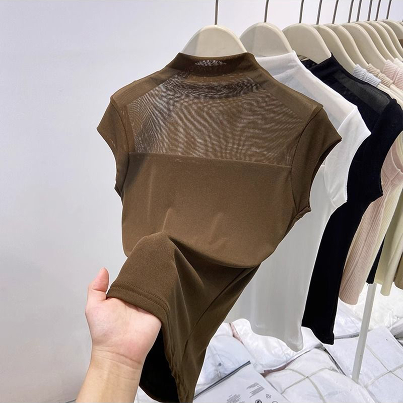 High-End French-Style Mesh Short-Sleeve T-Shirt for Women, Summer Plus-Size Stretchy Inner Layer, Sheer Lace Top